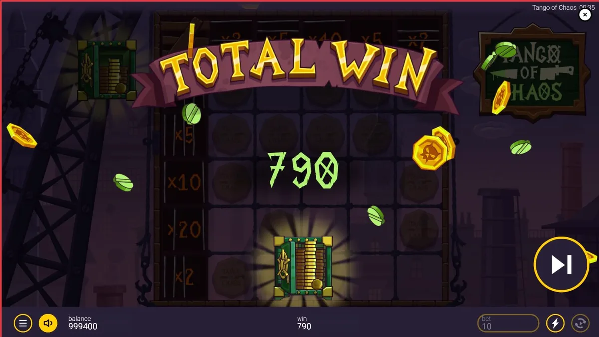 Tango of Chaos slot machine interface featuring laboratory and party elements